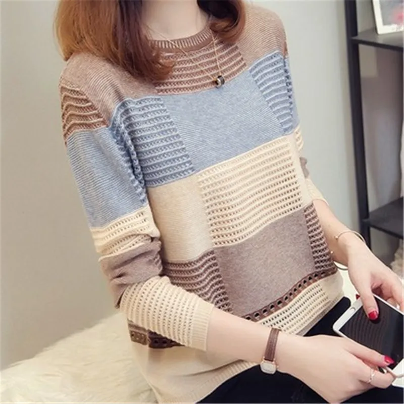 2021 Spring autumn women sweater Korean color matching loose striped long-sleeved pullover Knitwear Hollow A275 | Женская одежда