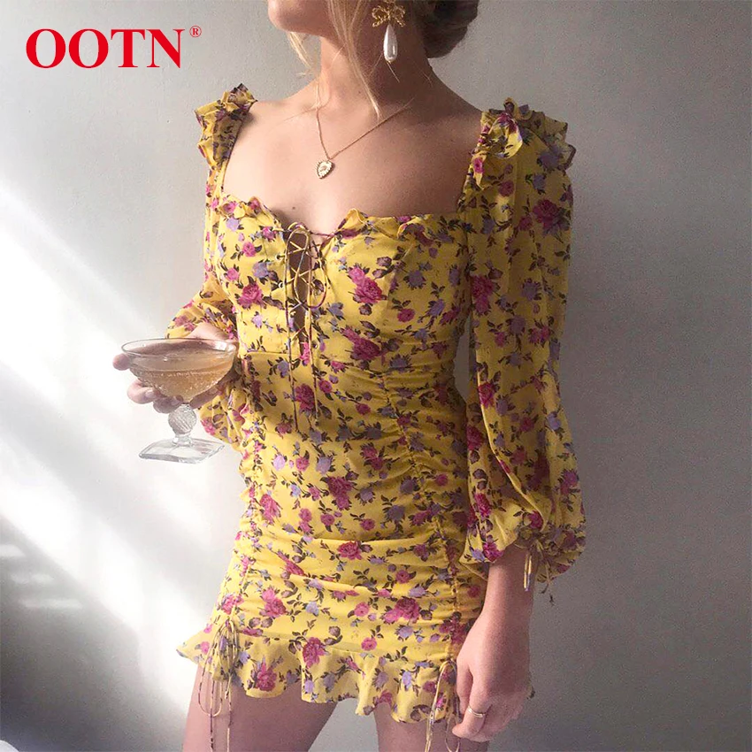 OOTN летнее женское платье с оборками и открытыми плечами на шнуровке с желтым цветочным принтом, весенние повседневные шифоновые мини-платья с длинным рукавом для девушек