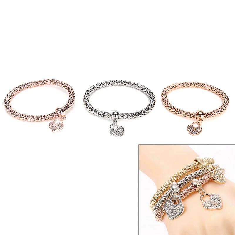 3 шт./компл. браслет стразы с покрытием из розового золота и серебра в форме сердца