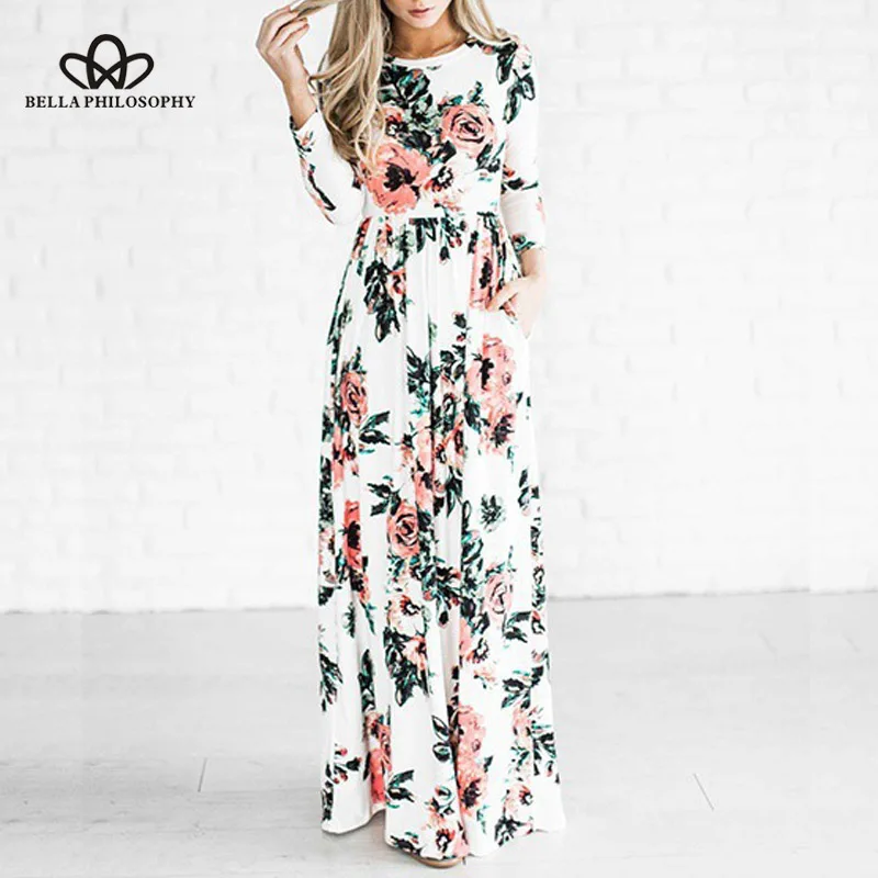 Bella Philosophy 2019 Spring Floral Print Boho Beach Women Long Dress Evening Party Sundress Large size Ankle Length | Женская одежда