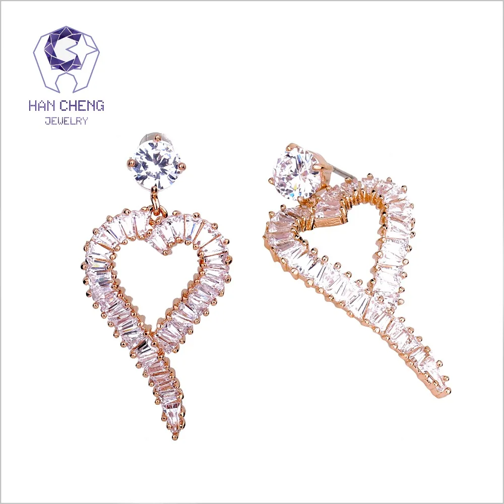 HanCheng New Big Copper Hollow Heart Hanging 925 Silver Nail Gem Stone CZ Zircon Drop Earrings For Women Jewelry brincos bijoux | Украшения