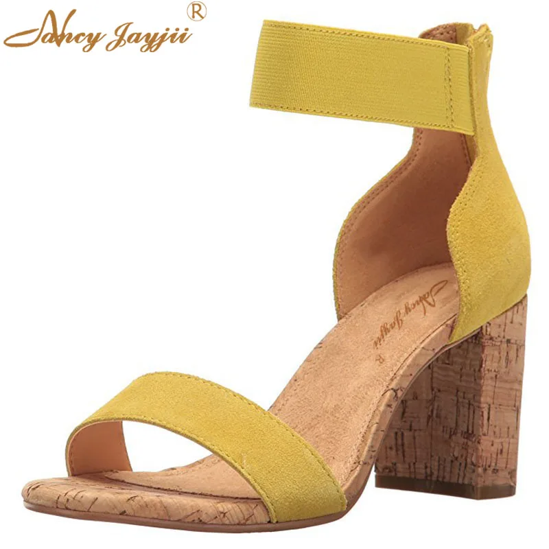 

2021 Summer Women’S Solid Flock Ankle Strap Zip Sandals Female Office Party Super High Chunky Heels Woman Casual 4-16 Size Shoes