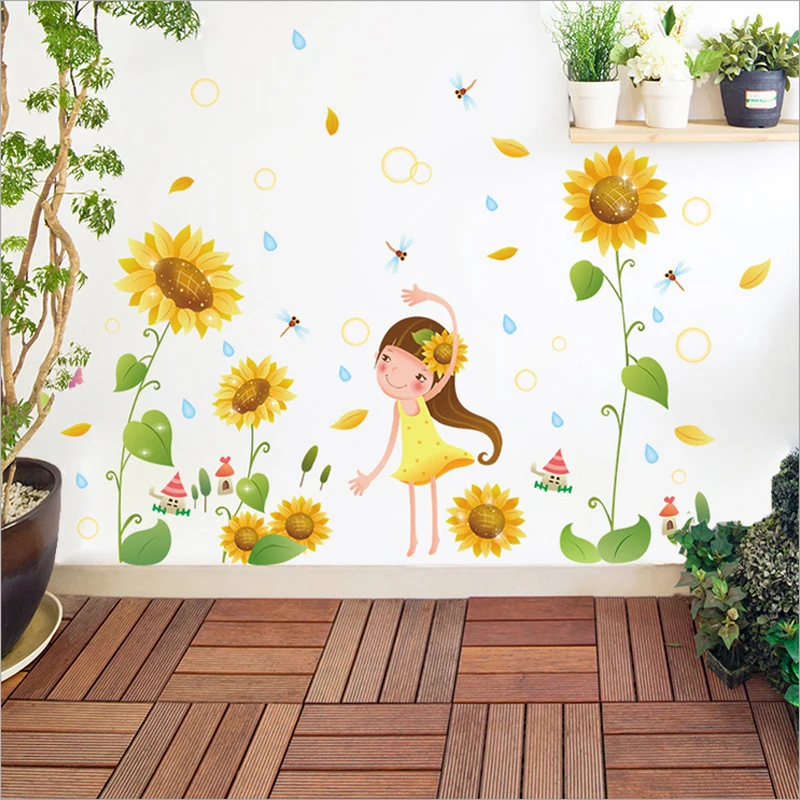 Горячая Распродажа милые девушки стены стикер мультяшка наклейки с подсолнухами