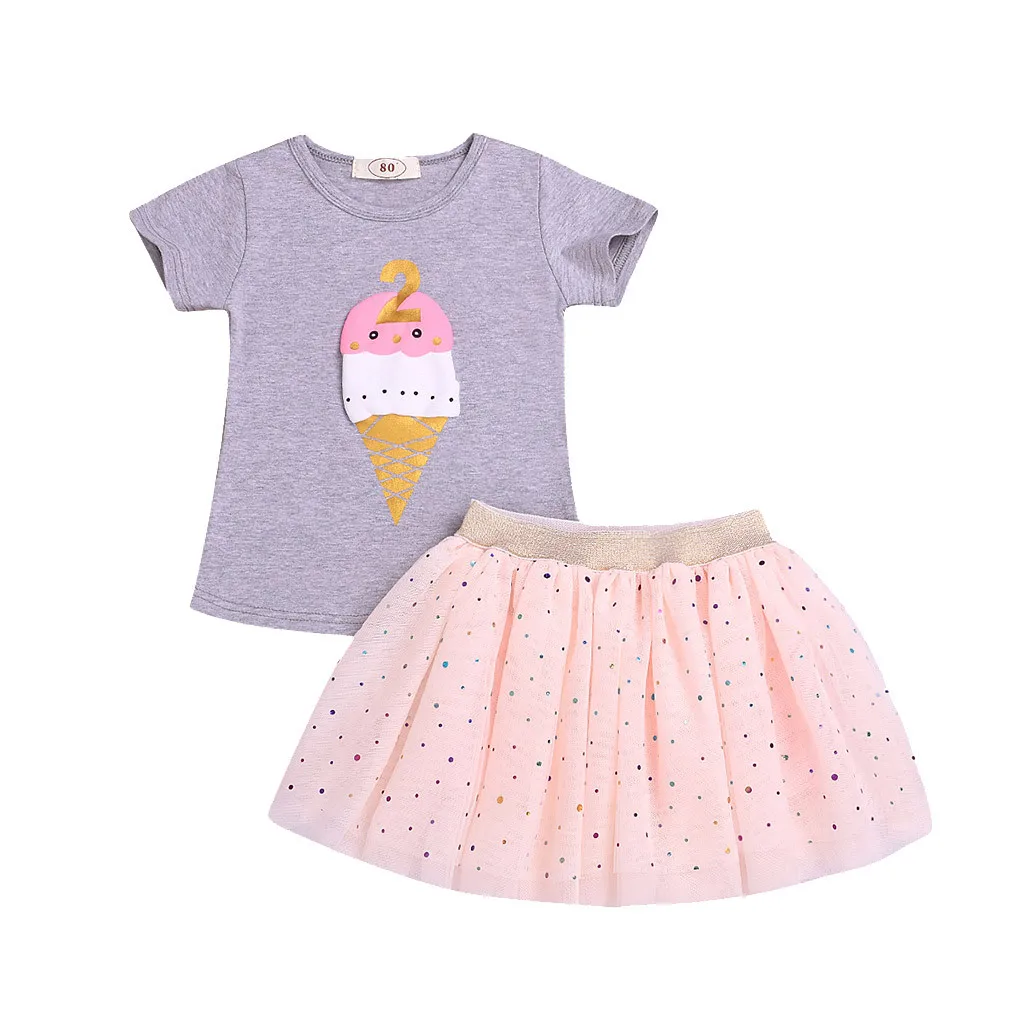 Летнее платье фатиновые топы для девочек с рисунком мороженого, meisjes kleding, футболка+ юбка-пачка в горошек, комплект одежды, vestido infantil ensemble fille