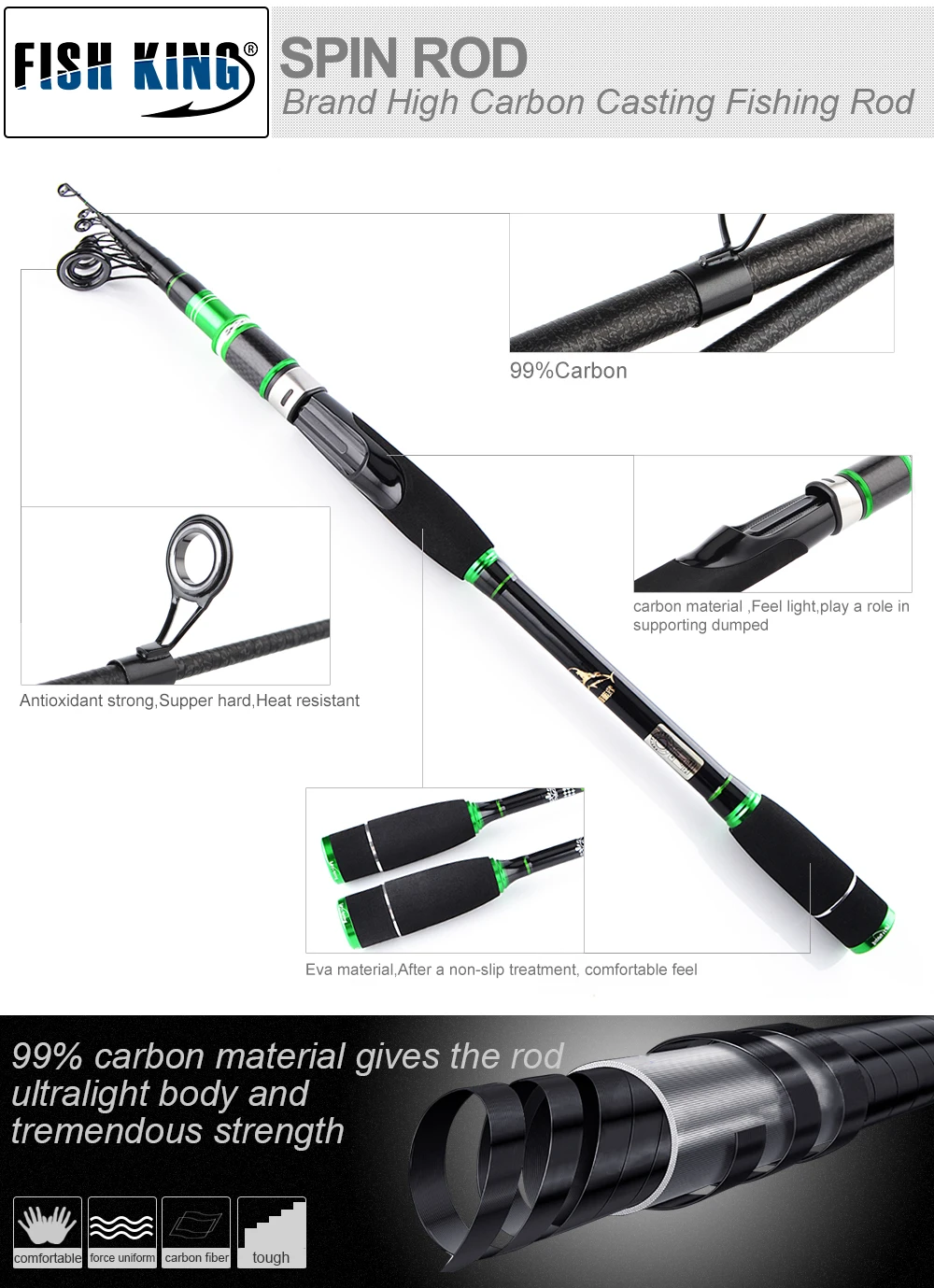 FISHKING 2,1 м, 2,4 м, 2,7 м, 3 м, приманка, удочка, литье, тип 7-28 г, вес приманки, не царапается, углеродная Удочка 6 сек/7 сек