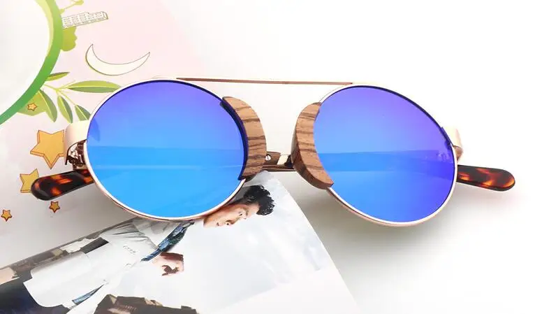 blue lens BerWer солнечные очки из дерева зебрано для Для мужчин Для женщин ретро круглые солнцезащитные очки с поляризованными линзами, UV400 с чехлом - Цвет линз: blue lens