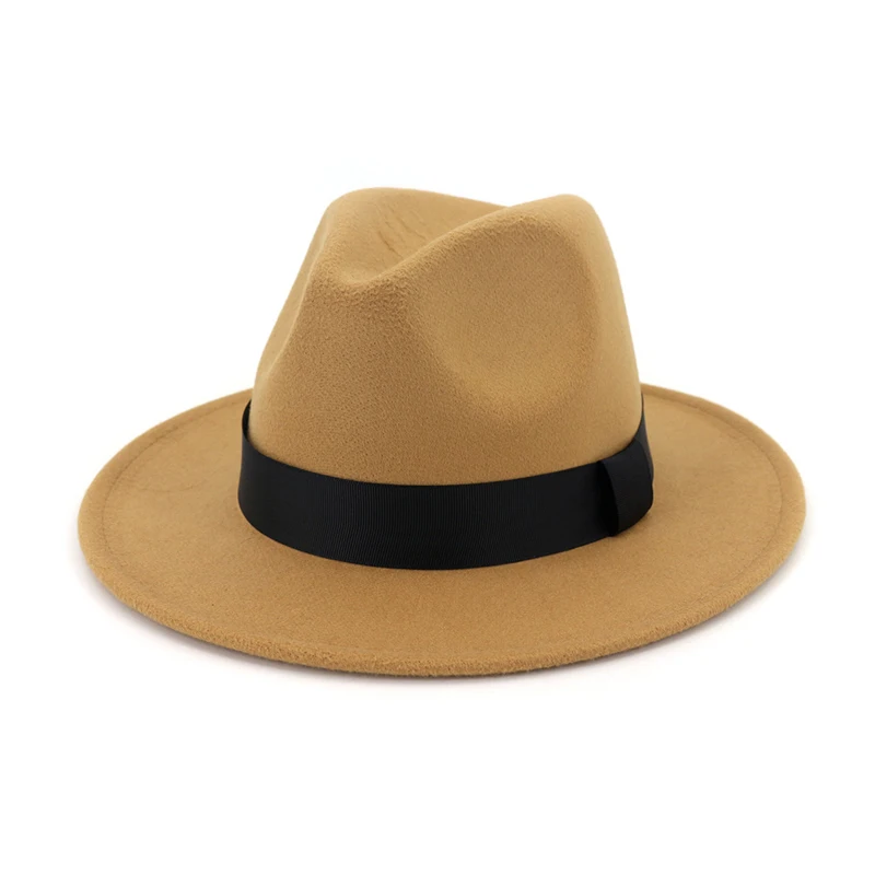QIUBOSS для мужчин женщин плоские поля Джаз Шерсть фетр Fedora шапки черная лента украшения просто унисекс Панама шляпа игрока Trilby QB54