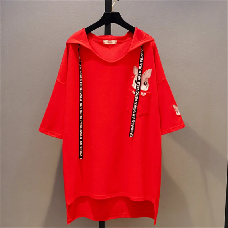 Футболка женская с капюшоном свободная рубашка мультяшным принтом рукав 3/4