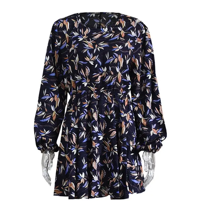 2019 Весна Лето Мода О образным вырезом печати длинный рукав высокая талия Большой