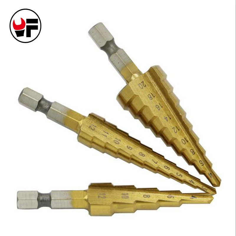

3PCS HSS Power Drills Spiral Flute step Drill Bit Set 3-12mm 4-12mm 4-20mm Titanium Corn Drill DZ132
