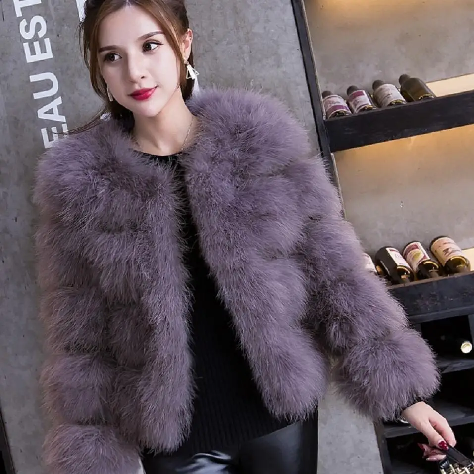 2018 Winter Fashion Women's Jacket Real Fur Coat Real Ostrich Feather Coat Patchwork Fur Slim Was Thin Casual Outerwear L1702