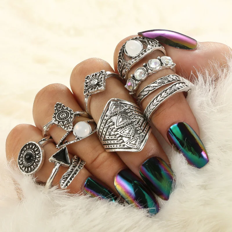 Большой J.W модные геометрический Midi Кольца Набор Винтаж Кристалл Опал для