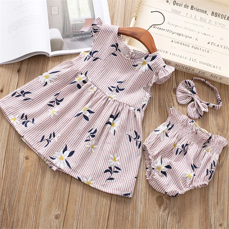 Летнее платье для девочек детская одежда в полоску с бантом и цветами 3 шт. +