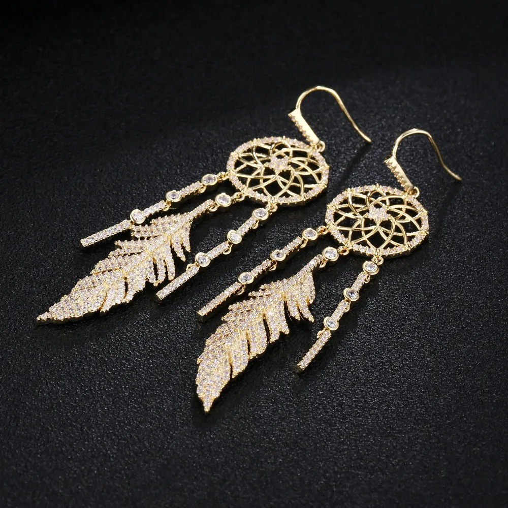 3A кубический цирконий камень перо Длинные серьги Висячие Романтические Золотые