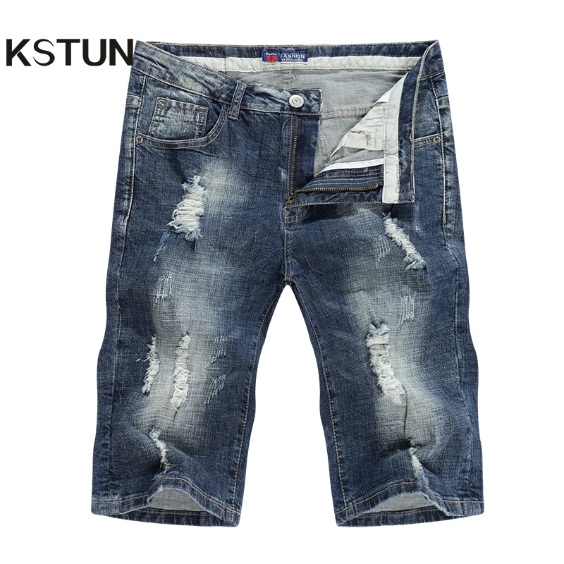 Мужские джинсы KSTUN темно-синие Стрейчевые шорты в стиле хип-хоп байкерские