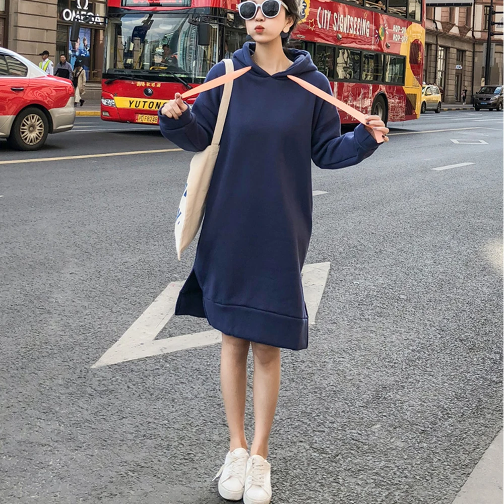 Зимнее плотное худи платье однотонные толстовки для женщин Kawaii уличная готика