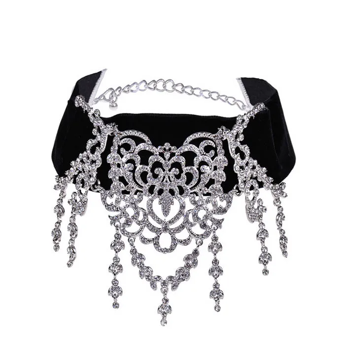 Silver Gold Silver Rhinestone Tassels Chokers Necklace Romantic Women Maxi Statement Necklace With Velvet Fashion Jewelry Gift For Lady - Окраска металла: Silver