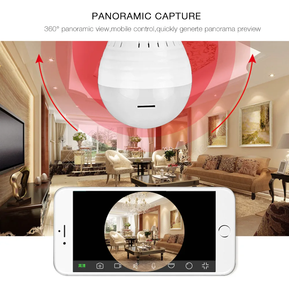 1080P Беспроводной IP Камера E27 светодиодный лампы светильник панорамная Wi Fi