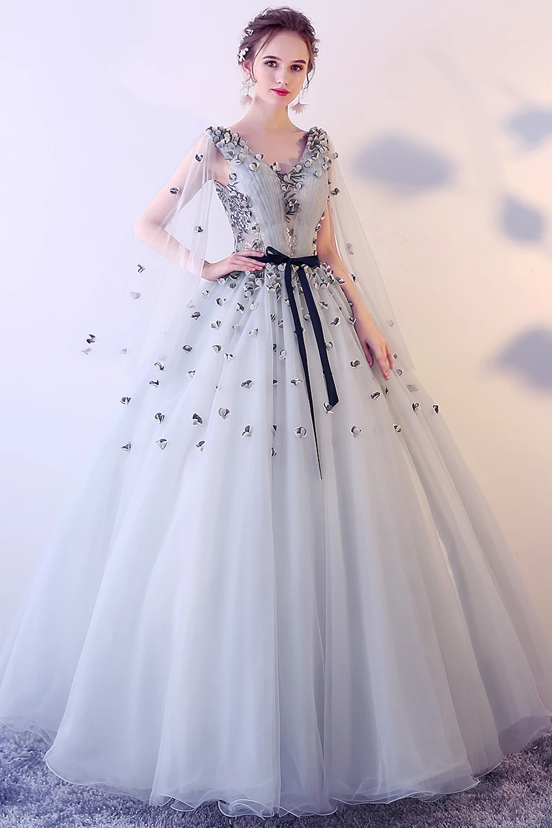 Женское кружевное свадебное платье It's Bride серое бальное до пола без рукавов с