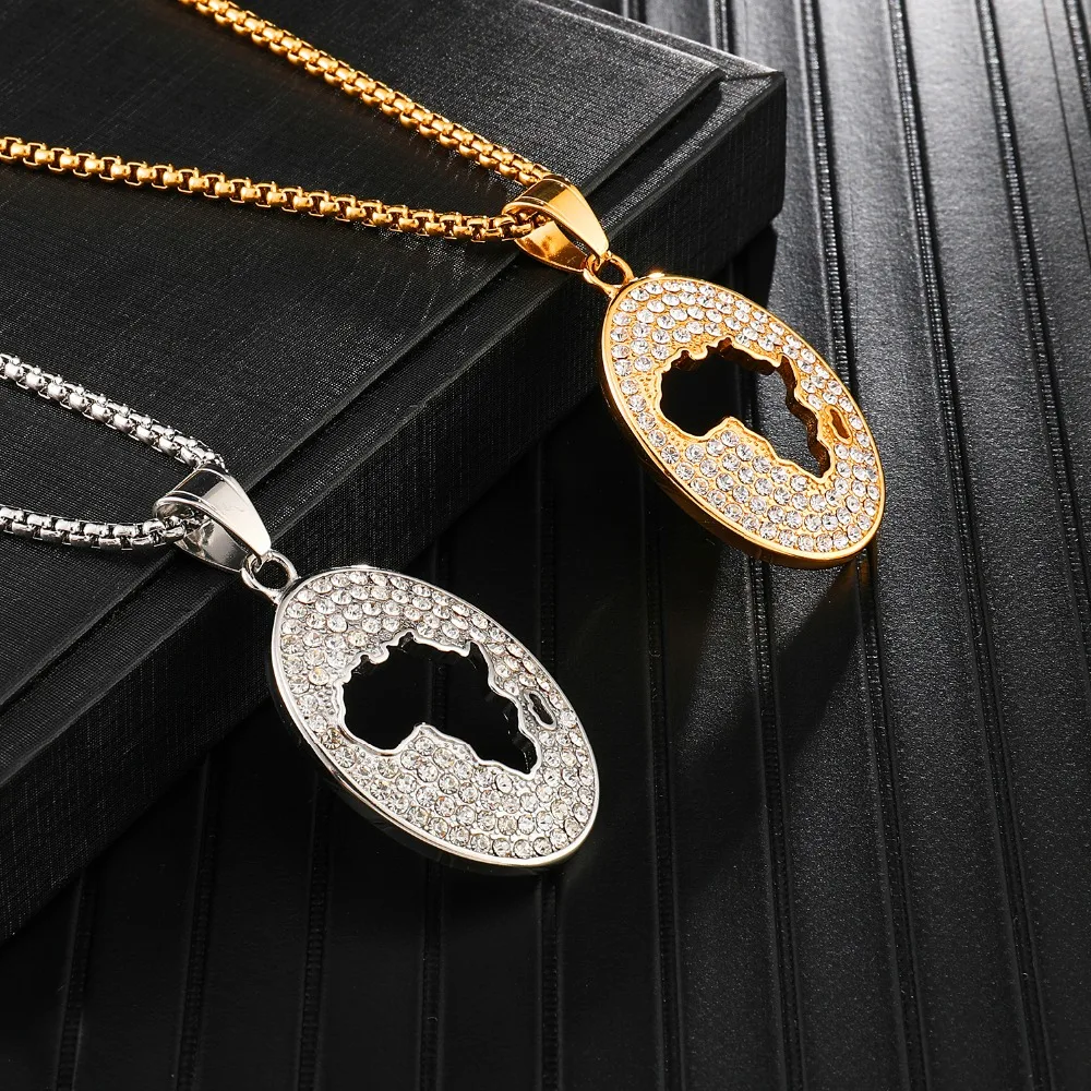 Хип хоп Iced Out Bling Африка кулон карта & ожерелье 316L нержавеющая сталь для мужчин