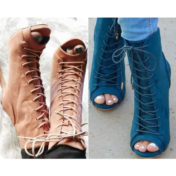 Online Sepatu Bot Pendek Trendi Musim Gugur Wanita Sepatu Bot Sandal Pergelangan Kaki Kulit Suede Biru Mewah Krem Bertali Sepatu Pesta Hak Tinggi Tipis