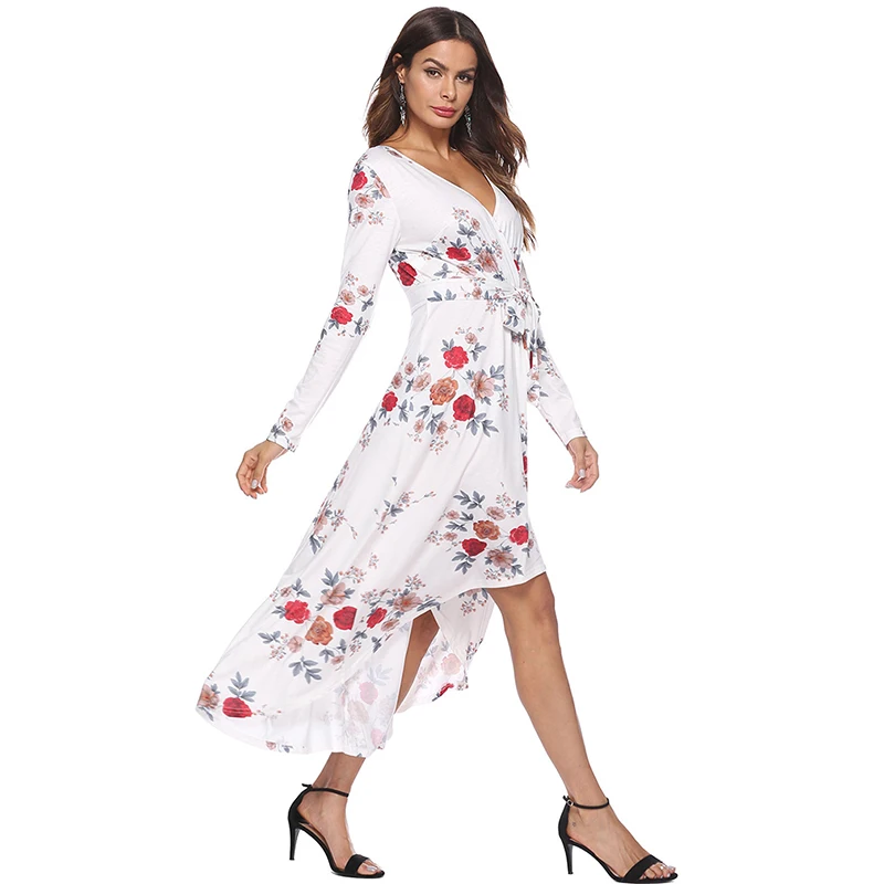 Женское платье с асимметричным принтом весеннее v-образным вырезом и длинными