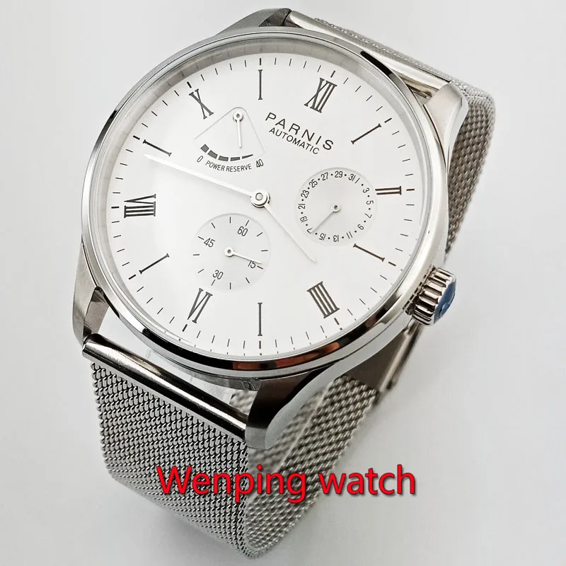 

Parnis men's watch 42mm white dial Bracelet Power reserve 5ATM ST1780 Automatic movement wrist watch men