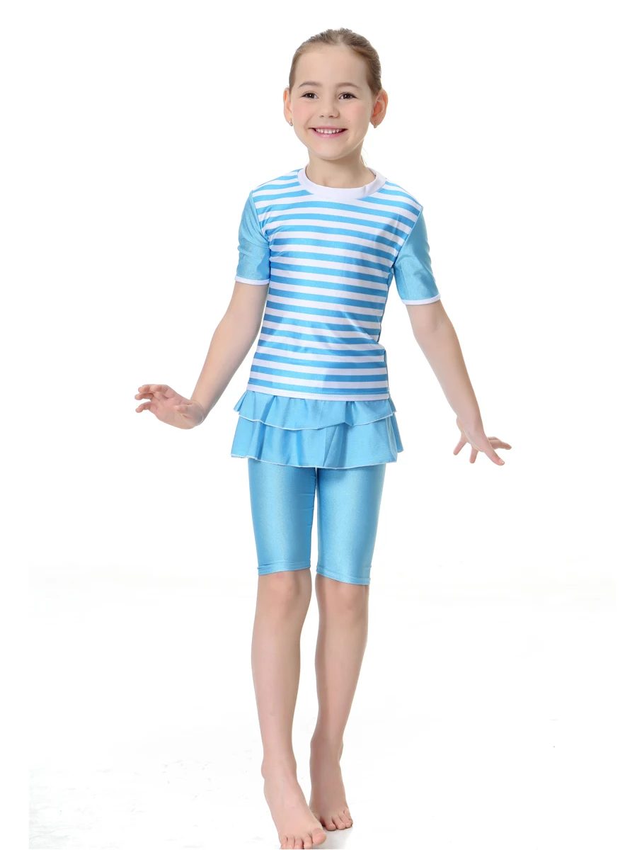 

2 Piece Maillot De Bain Islamique Striped Swim Wear Short Sleeve Swimsuit Separate Female Islamic Girls Muslim Swimwear for Kids