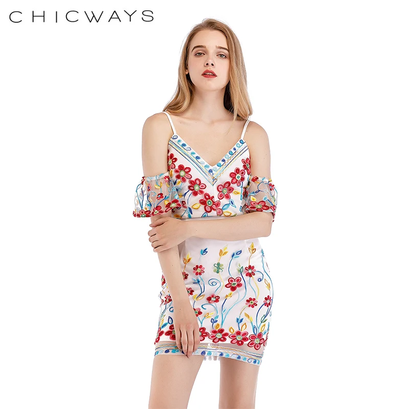 Chicways цветочные Вышитые пикантные холодное плечо короткий рукав мини
