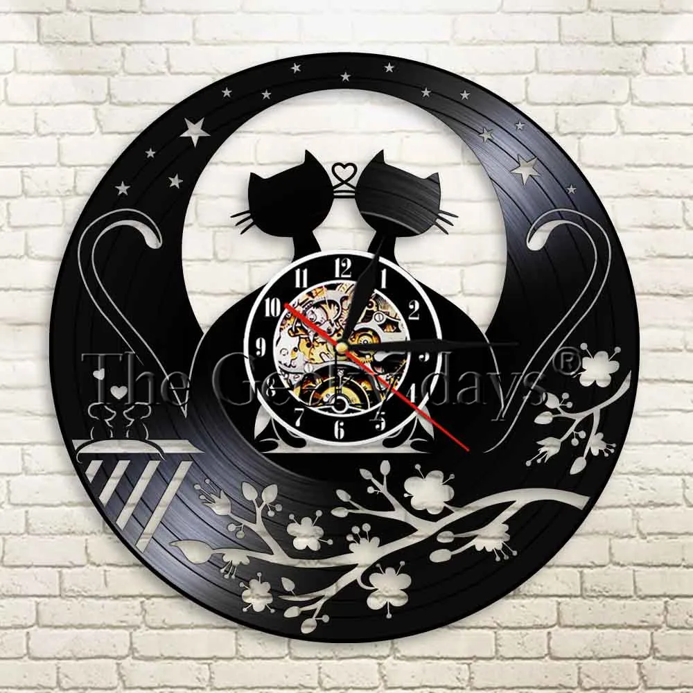 Кошка под лунным светом 3D Декоративные цифровые художественные часы сладкая любовь Кошка винтажные виниловые пластинки часы Настенный декор Уникальная идея подарка