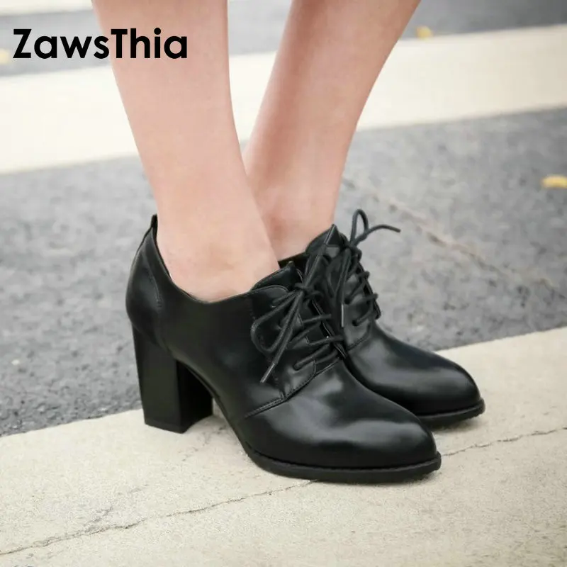 ZawsThia/весенние женские офисные туфли; цвет белый, черный; женские туфли на толстом квадратном каблуке; женские туфли-оксфорды на шнуровке; туфли-лодочки на шпильке