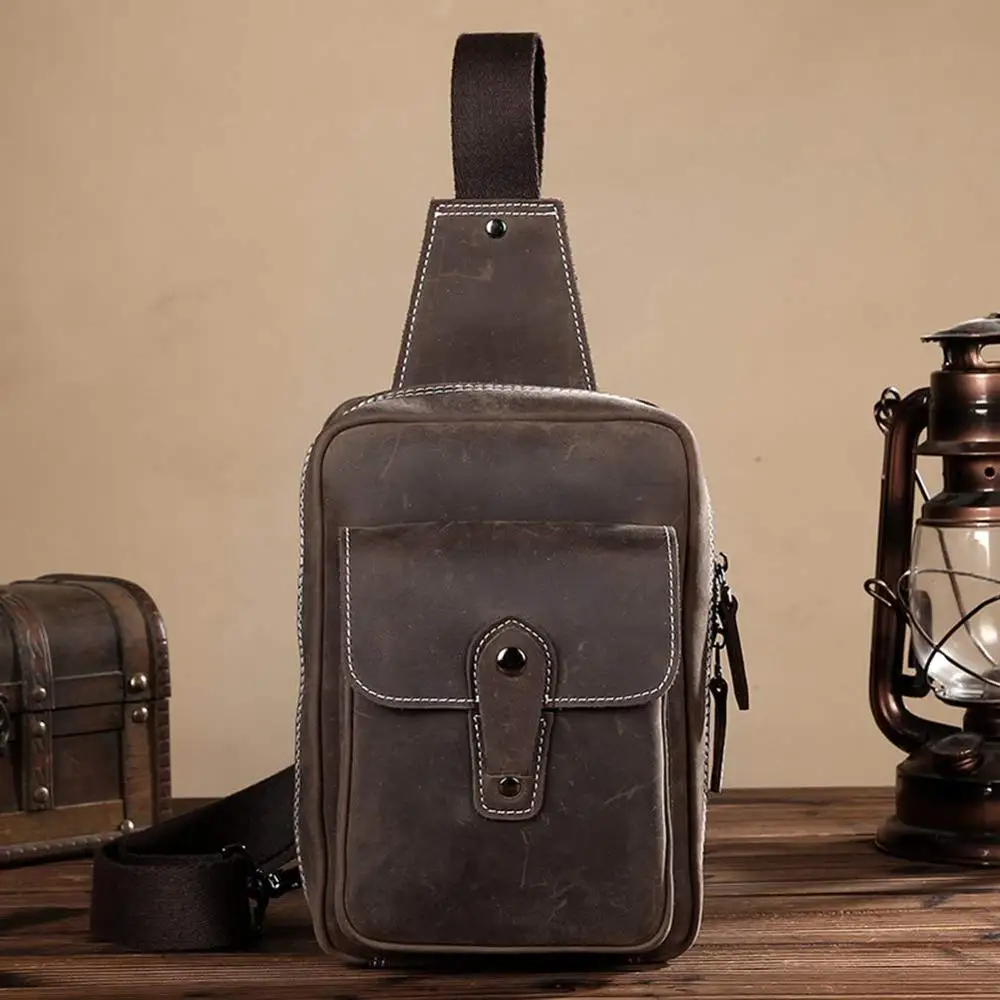 

vintage Men's real Leather chest bag Business Casual Outdoor Sling Bag HR-32110