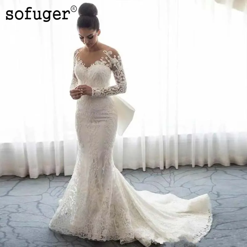 

Ivory Lace Wedding Dresses Muslim Appliques Detachable Train Big Bow Bridal Gown Brides Vestido De Noiva Custom Made Plus Size