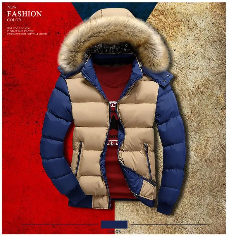 khaki blue Новая зимняя куртка с меховым воротником, мужской пуховик, пальто с хлопковой подкладкой, утепленная куртка, парка для мужчин, Manteau Homme Hiver 80 - Цвет: khaki blue