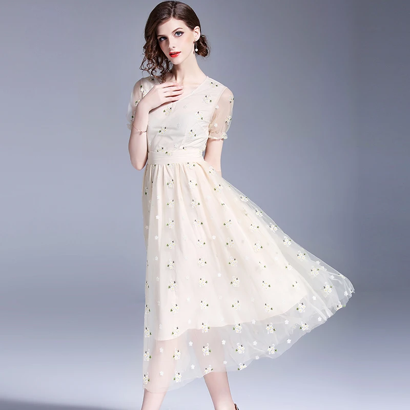 Летнее платье миди с цветочной вышивкой Robe Femme Ete женское вечернее платье Vestido Verano Mujer Dames Kleding K6177
