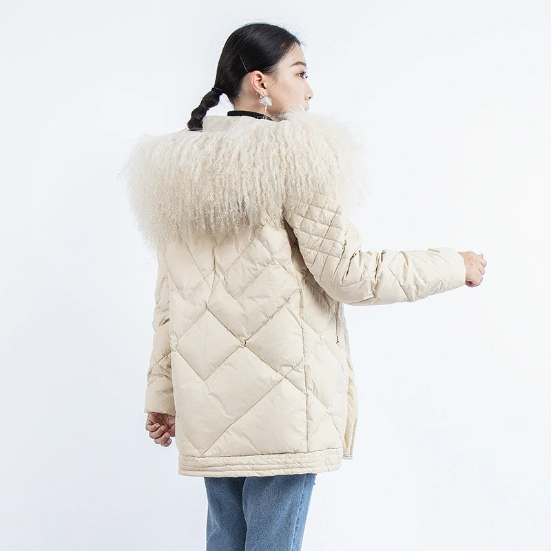 Женский пуховик с натуральным овечьим меховым воротником верхняя одежда Толстая