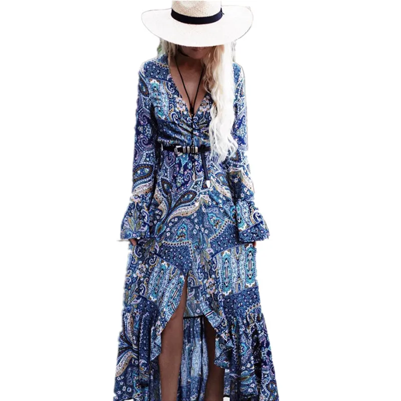 Богемное длинное платье женское шифоновое пляжное с цветочным принтом летнее