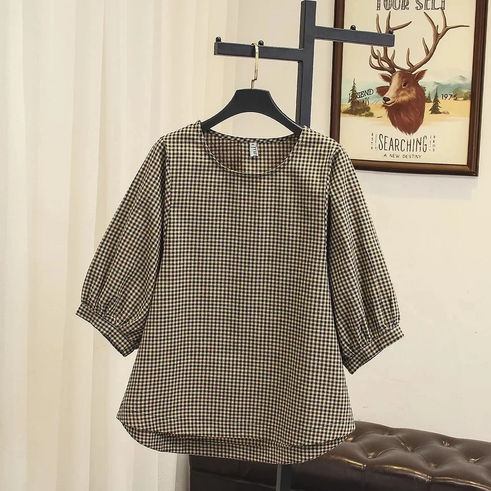 Ubetoku 2018Women's Autumn Cotton Linen Blouse Shirt Sweet Lantern Sleeve Plaid Tops Plus Size Women Clothing(T150) |