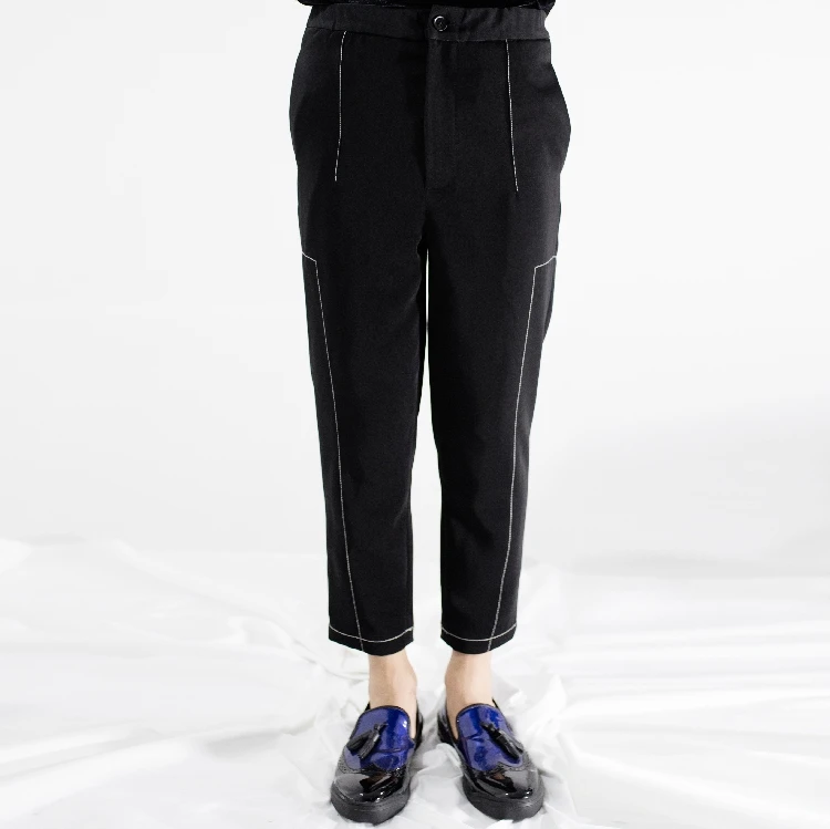

Homemade new men's casual trousers with 9 minutes of trousers and slim white thread. S-6XL!!