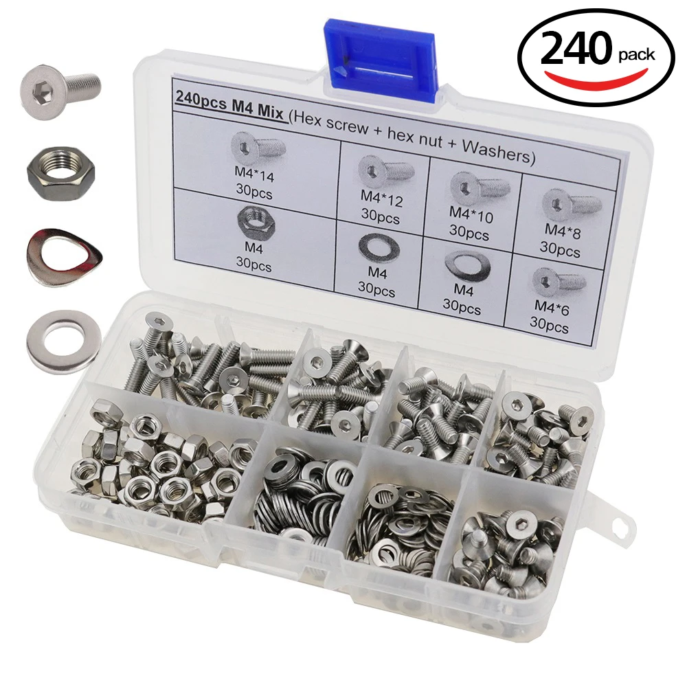 

240pcs 360pcs M2 M2.5 M3 M4 Stainless Steel Hexagon Socket Head Cap Screws Bicycle Hex Bolts Assortment Kit