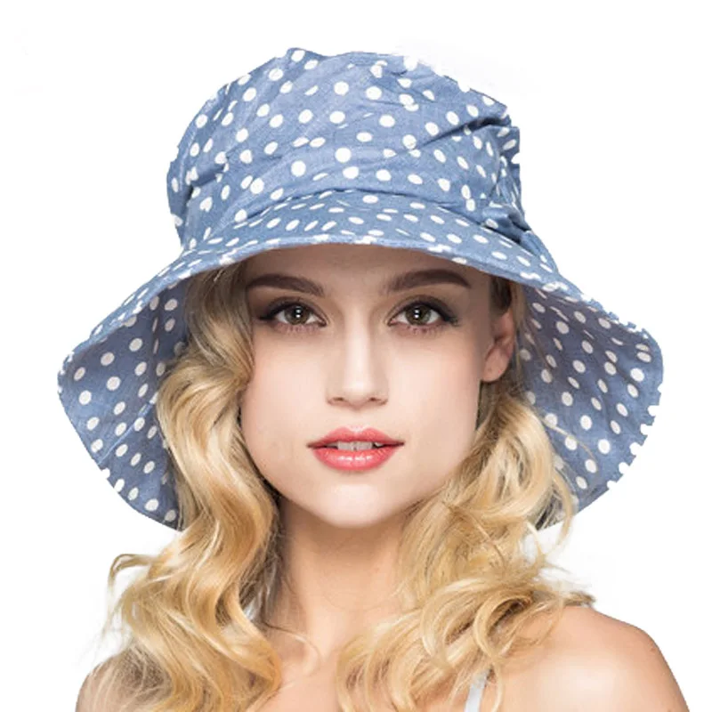 Light blue FS модная летняя хлопковая Панама с широкими полями для женщин, складывающиеся солнцезащитные шляпы в горошек, повседневные женские флоппи УФ Пляжные кепки - Цвет: Light blue