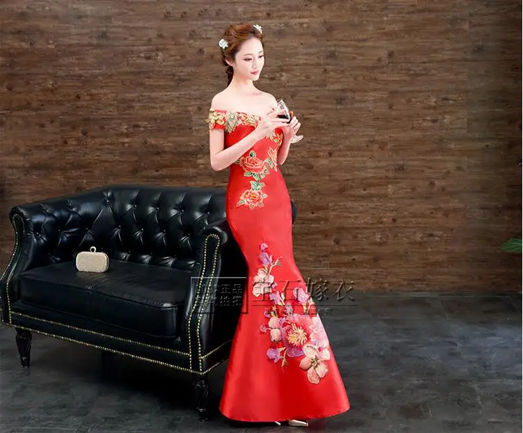 Современные китайское традиционное платье красный долго Qipao цветок Русалка Свадебные платье чонсам
