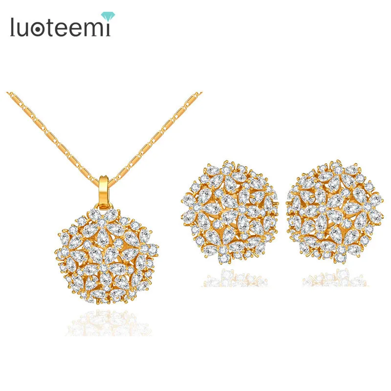 

LUOTEEMI Brand Luxury New Fashion Clear CZ Crystal Wedding Party Flower Cut Necklace Earrings Set for Women Princess Jewelry Set