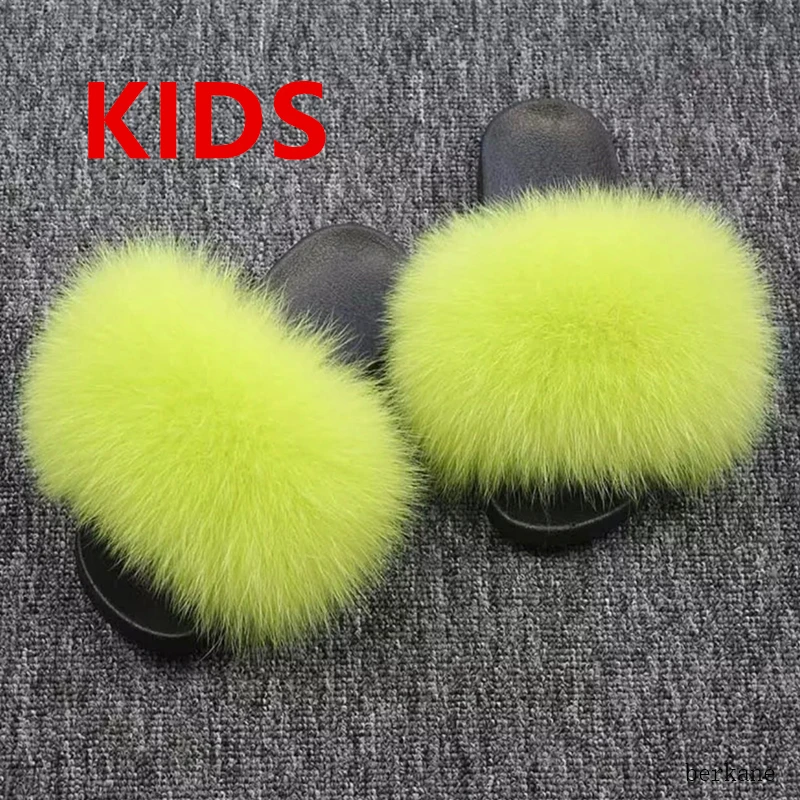 Оптовая продажа шлепанцы из натуральной лисы детские радужной неоновой