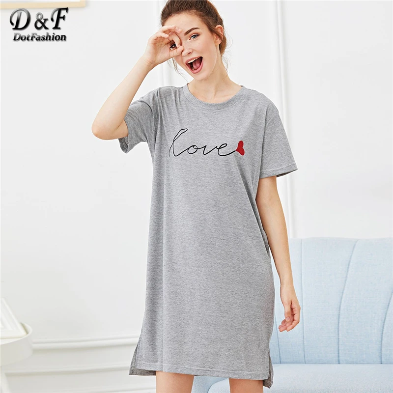 Dotfashion/Женское ночное платье с серым сердцем и буквенным принтом, летнее женское белье с коротким рукавом, Женская Повседневная Ночная рубашка