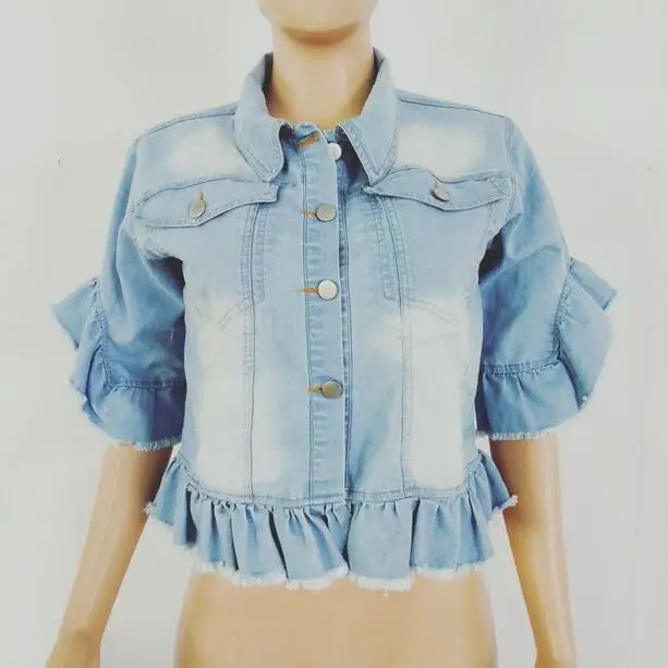 Женская джинсовая куртка с отложным воротником рукавом-бабочкой | одежда