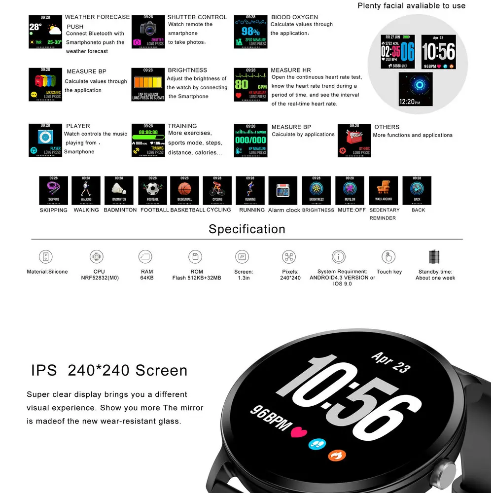 Смарт-часы V11 IP67, водонепроницаемые, из закаленного стекла, фитнес-трекер, монитор сердечного ритма, мужские, wo, мужские Смарт-часы