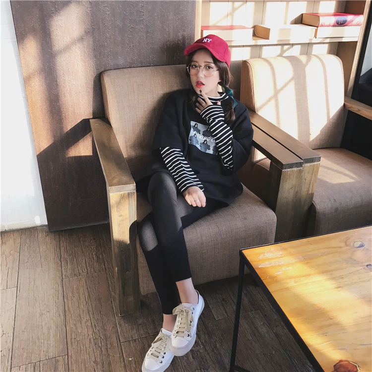 YouGeMan корейский стиль Ulzzang Harajuku полосатый лоскутный Поддельные 2 шт. толстовки для женщин с длинным рукавом Толстовка