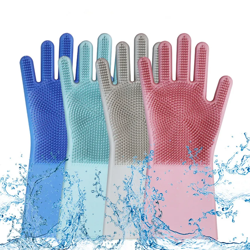 1 пара волшебных силиконовых резиновых перчаток для мытья посуды скруббер