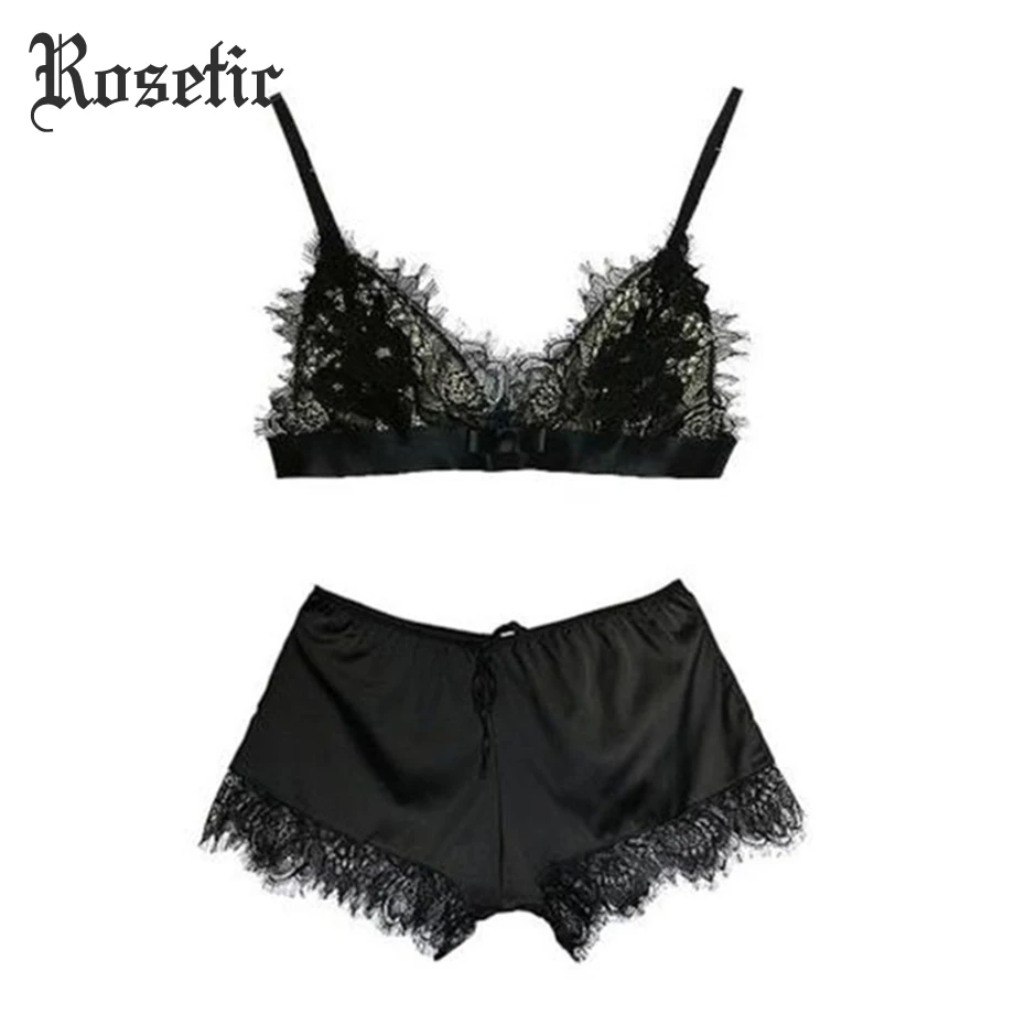 Black Rosetic Готический пижамный комплект, пижама, сексуальная бордовая вышивка, женский кружевной бюстгальтер, шорты, костюмы, халат, нижнее белье, нижнее белье - Цвет: Black
